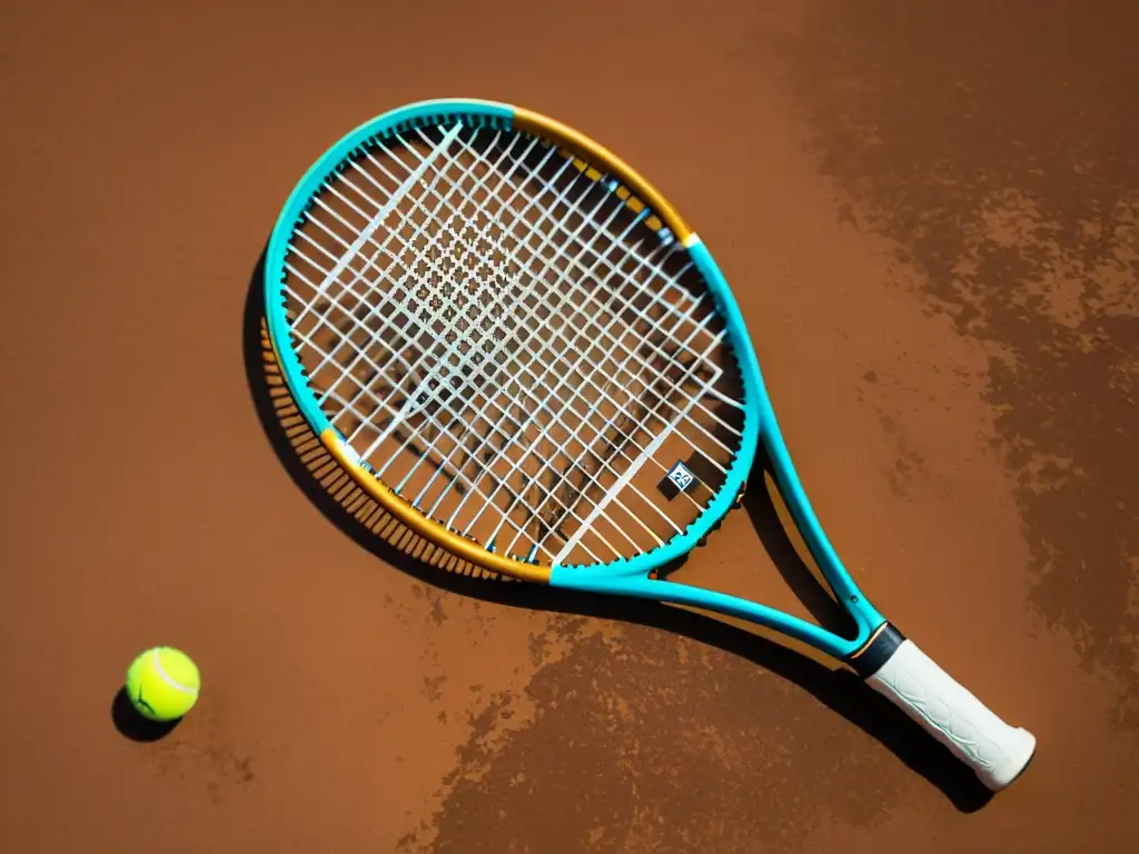 Detallada raqueta de tenis de alto rendimiento con nanotecnología en equipamiento deportivo, evocando nostalgia y calidad atemporal