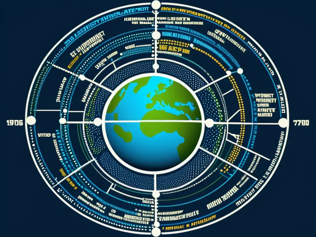 Detallada ilustración retrofuturista de la red ARPANET en los 70, evocando su complejidad pionera