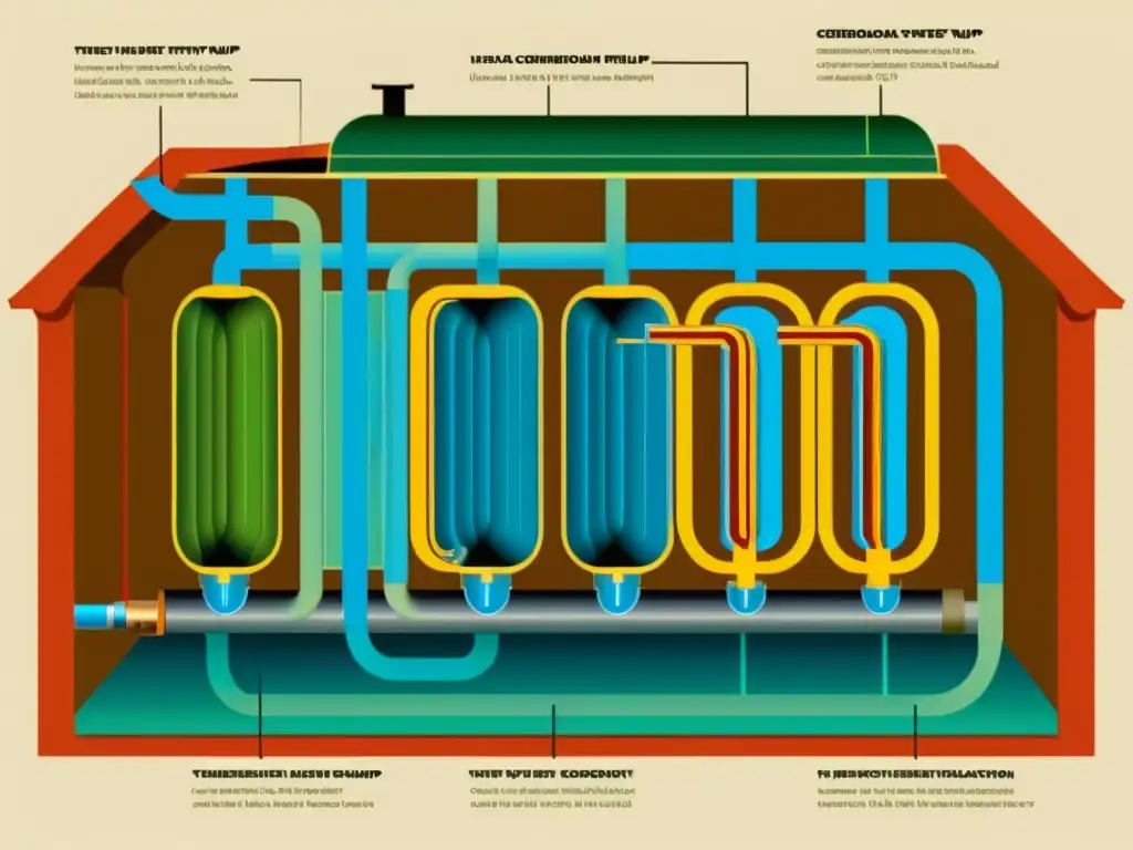 Detallada ilustración vintage de un sistema de bombas de calor geotérmicas, mostrando su tecnología innovadora y avance en la energía geotérmica