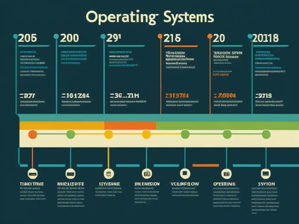 Detallada ilustración vintage de la evolución de los sistemas operativos, desde mainframes hasta ecosistemas modernos