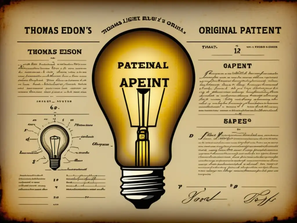 Detallada ilustración vintage de la solicitud original de patente de la bombilla de Thomas Edison, evocando innovación e historia