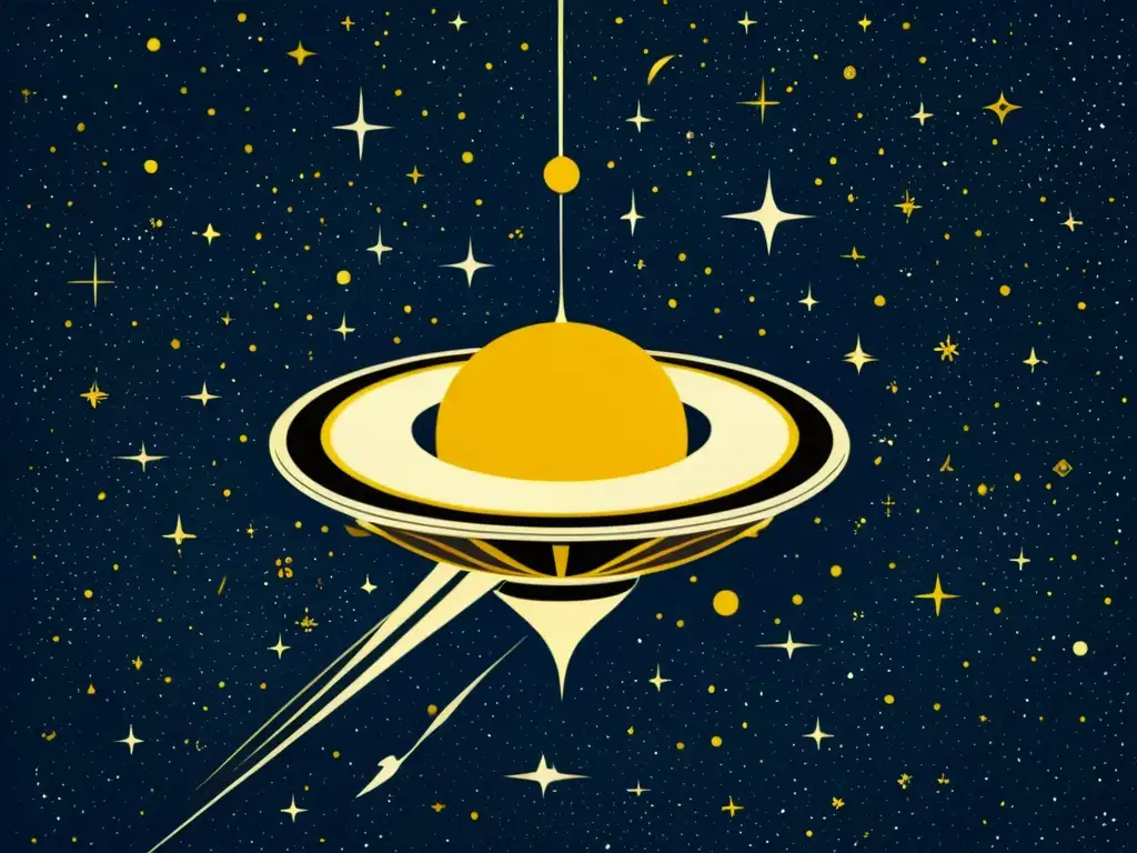 Una ilustración vintage detallada de la sonda Voyager navegando por el cosmos, con símbolos y mensajes que evocan descubrimientos interestelares