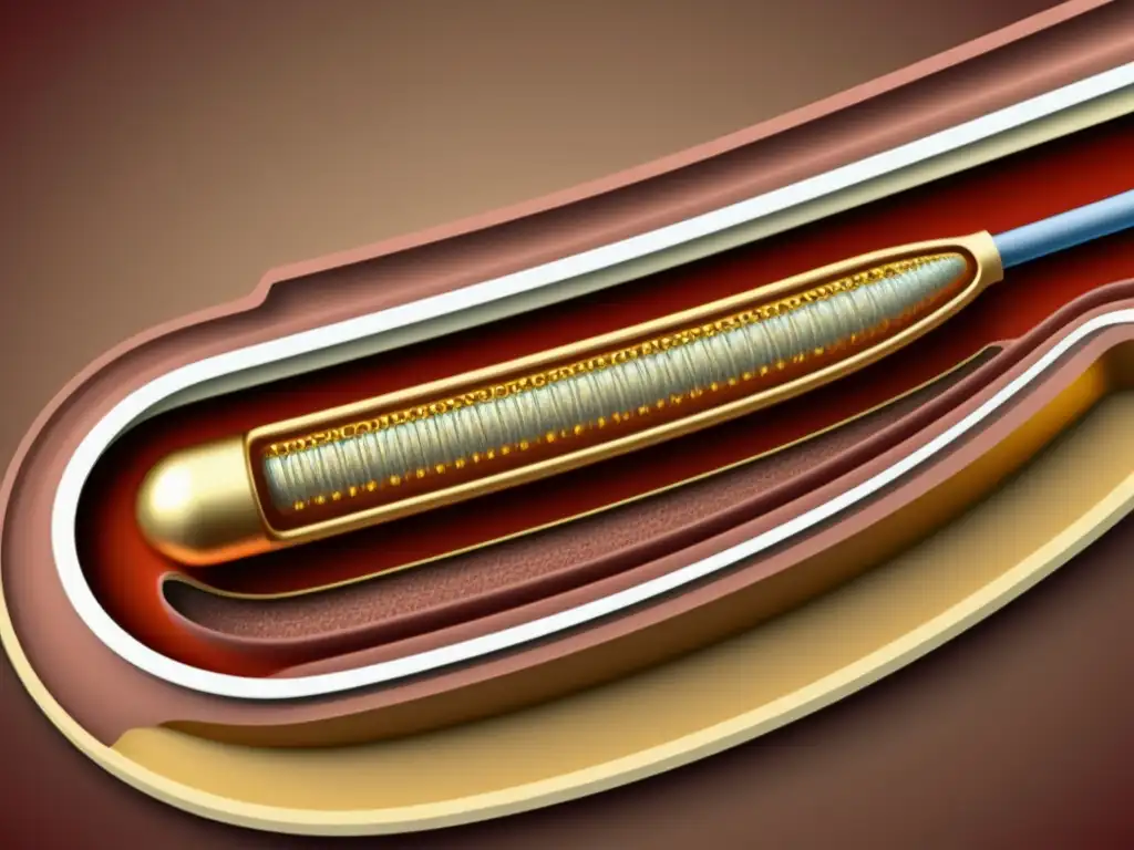 Detallada ilustración vintage de un stent en un vaso sanguíneo, mostrando avances en catéteres y stents con mecanismo de liberación de fármacos