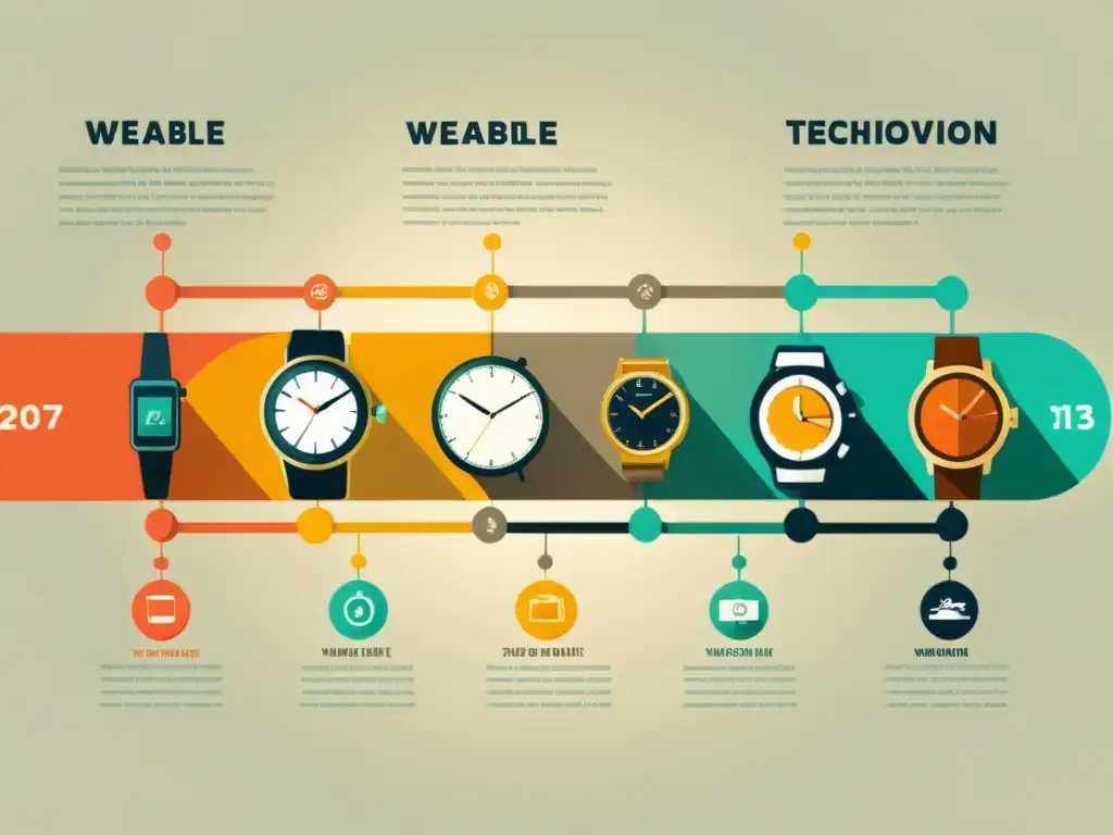 Una ilustración vintage detallada de la evolución de la tecnología vestible, desde relojes de bolsillo hasta smartwatches y monitores de actividad