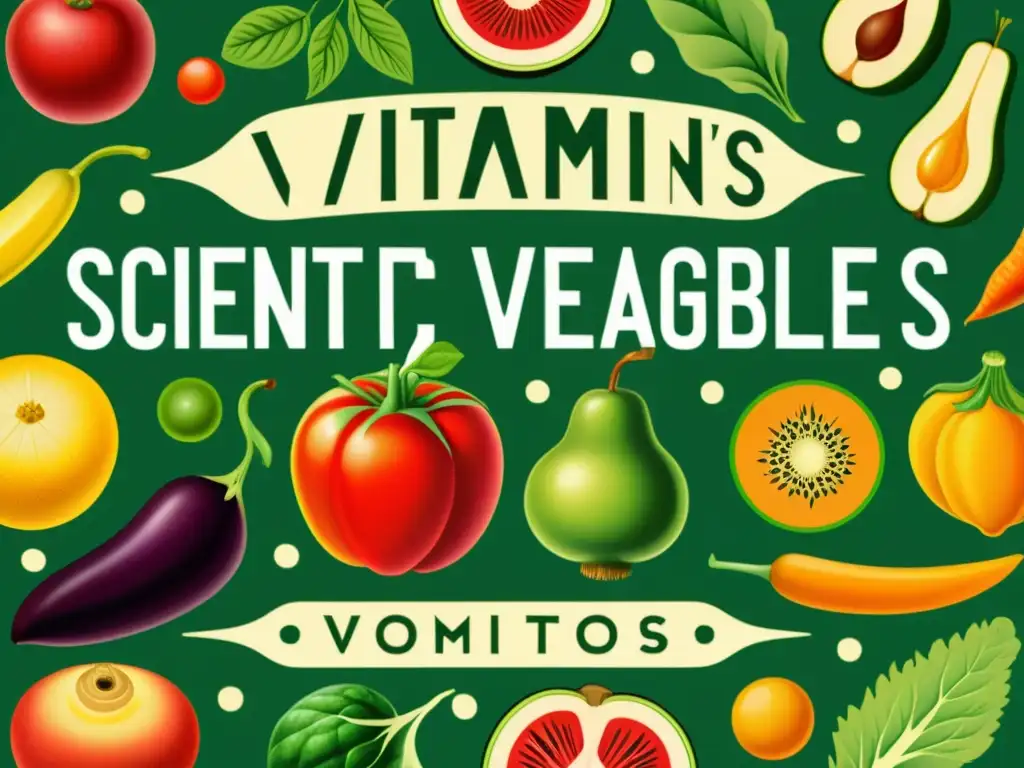 Una ilustración vintage muestra detalladas secciones transversales de frutas y verduras, resaltando su contenido vitamínico