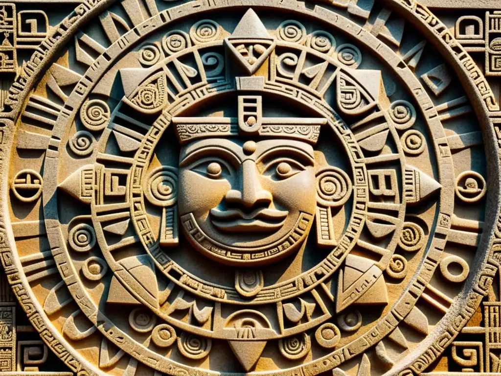 Detallado calendario maya tallado en piedra, mostrando símbolos e ingenio maya