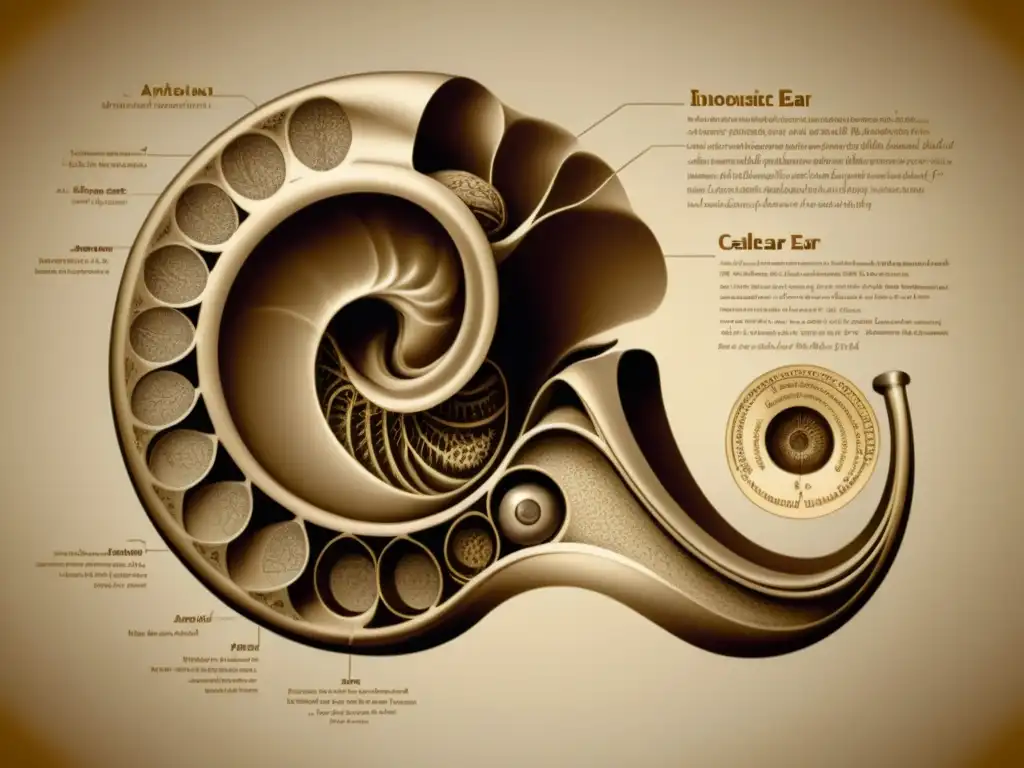 Detallado dibujo anatómico del oído interno, con implante coclear