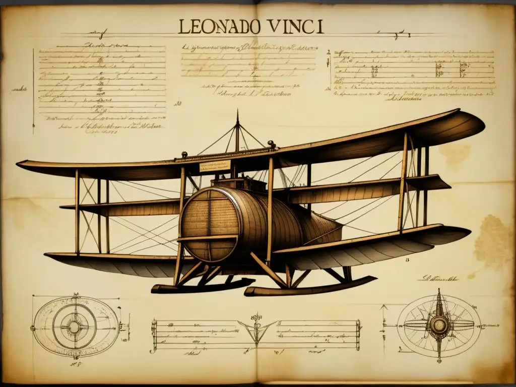 Detallado diseño de Leonardo da Vinci de su máquina voladora, envejecido pergamino enmarcado