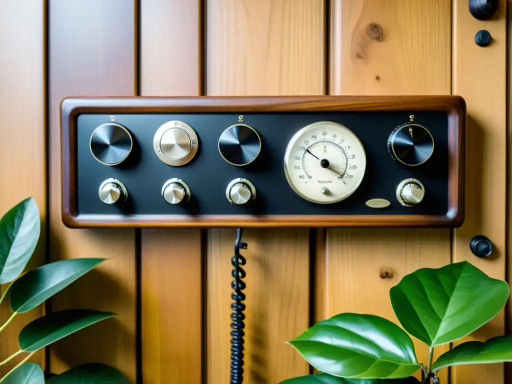 Detallado panel de control de sistema de seguridad doméstica vintage, con teléfono de disco, fotos familiares y planta