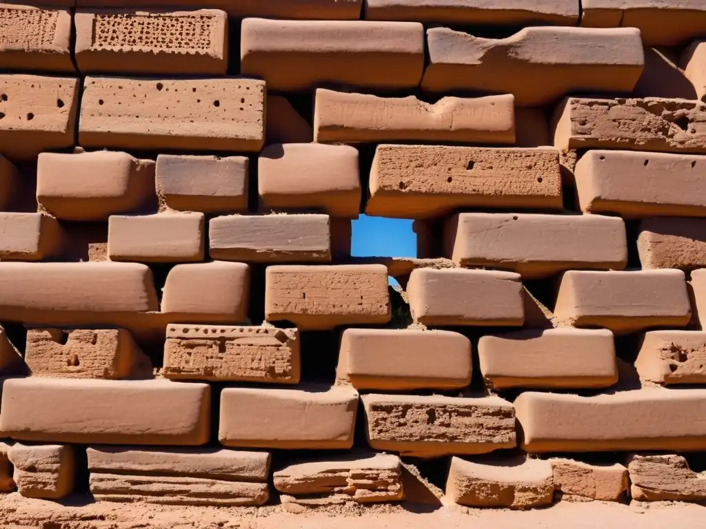 Detallado trabajo de ladrillos de adobe en la arquitectura indígena Anasazi, mostrando técnicas constructivas únicas y patrones intrincados