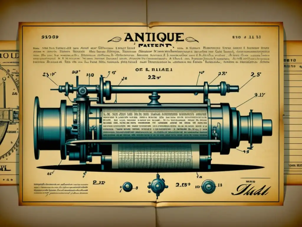 Detalle de antigua ilustración de patente con intrincados dibujos técnicos, tipografía vintage y ornamentos decorativos, sobre pergamino envejecido
