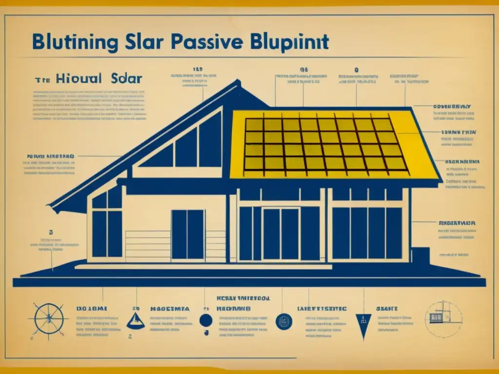 Detalle de un antiguo plano arquitectónico con diseño de energía solar pasiva, evocando importancia histórica y relevancia atemporal