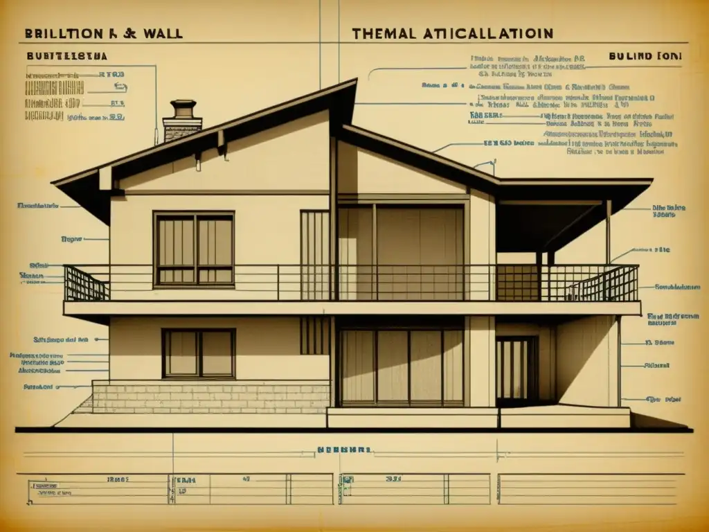 Detalle de un antiguo plano arquitectónico con aislamiento térmico, evocando historia y eficiencia energética en la construcción moderna