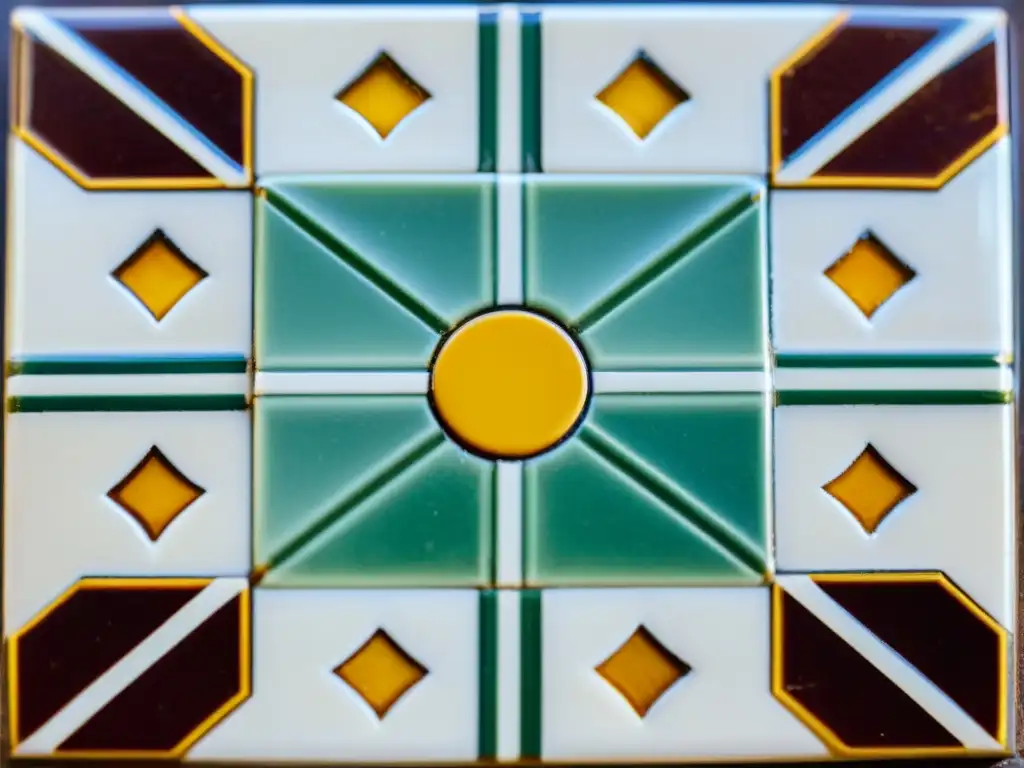 Detalle de azulejo vintage con patrones geométricos en tonos terrosos, iluminado por el cálido sol