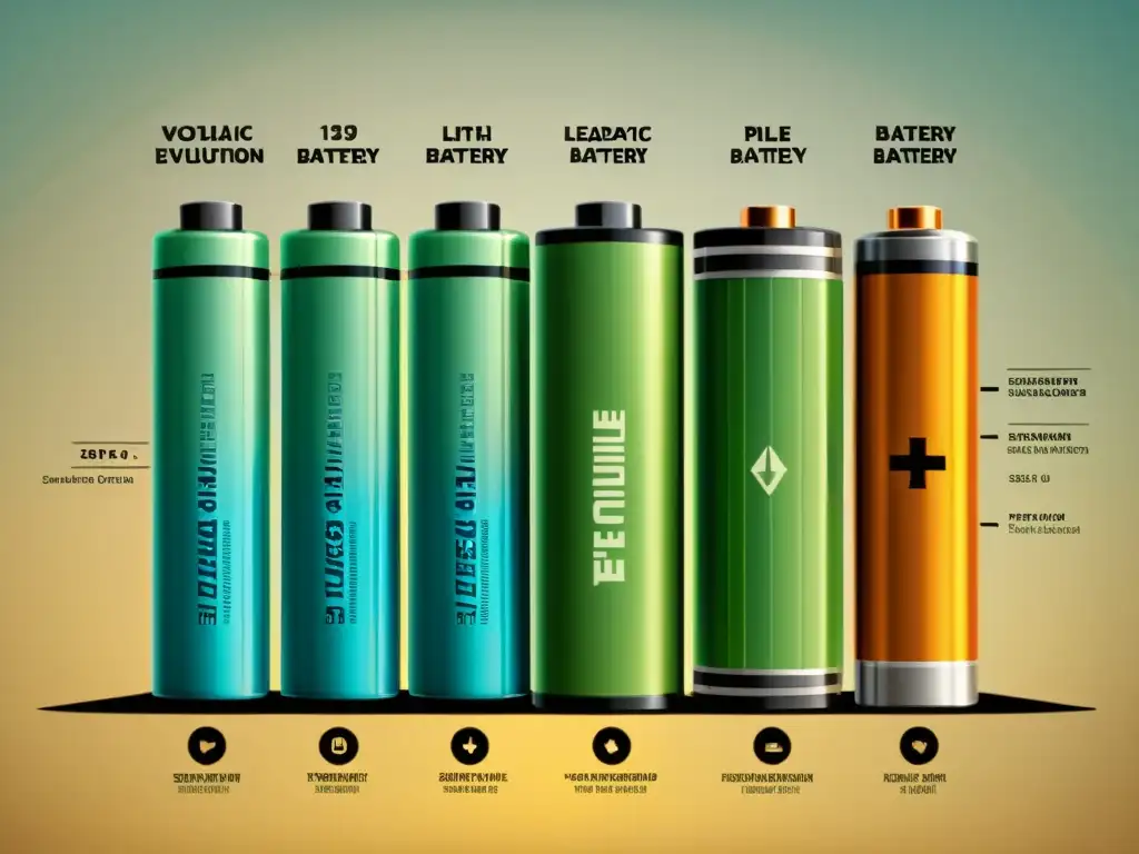 Detalle de la evolución de las baterías sostenibles, desde el Voltaic Pile hasta la tecnología actual, en una ilustración vintage detallada