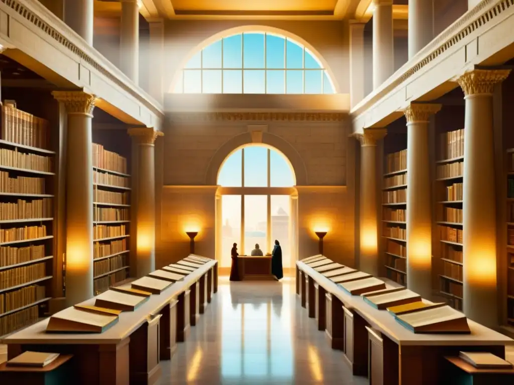 Detalle de la Biblioteca de Alejandría, con antiguos pergaminos, estudiosos y arquitectura detallada, evocando su historia e importancia intelectual