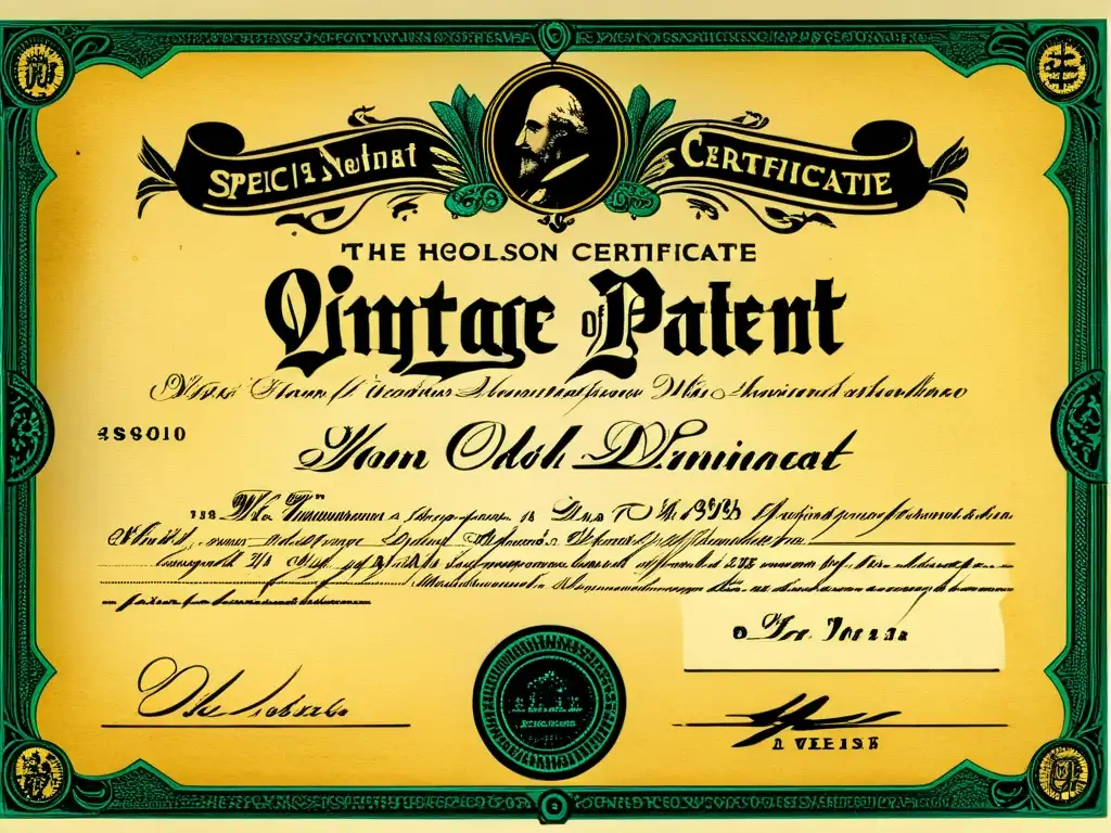 Detalle de certificado de patente vintage con caligrafía y sellos oficiales