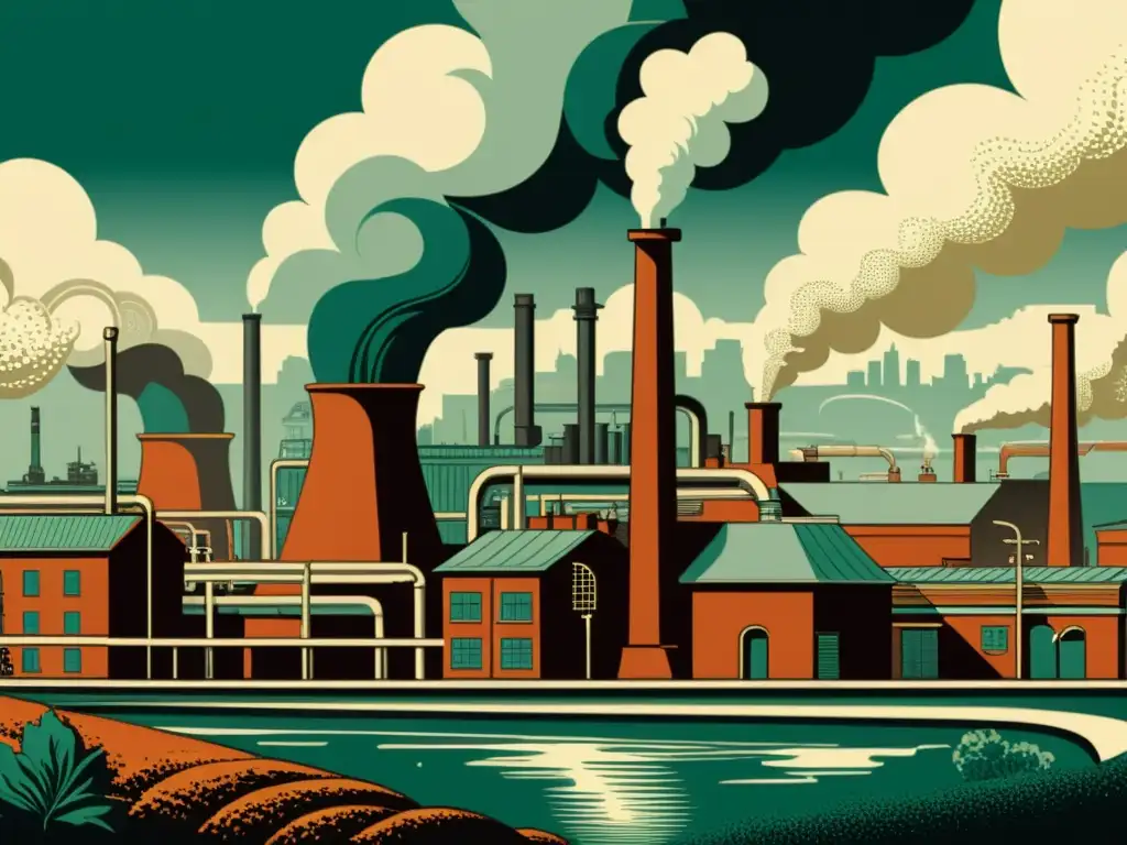 Detalle de ilustración vintage de ciudad industrial con inodoro moderno como símbolo de higiene y salud pública en la era industrial