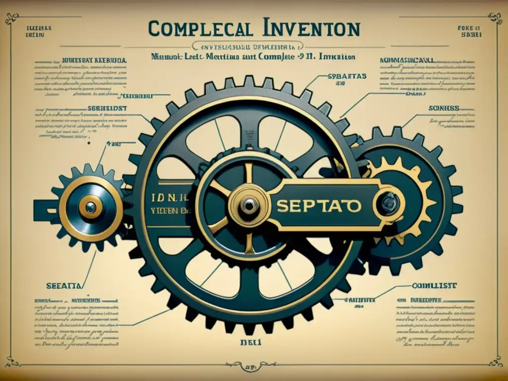 Detalle sepia de compleja invención mecánica resaltando la importancia de las patentes en productos tecnológicos