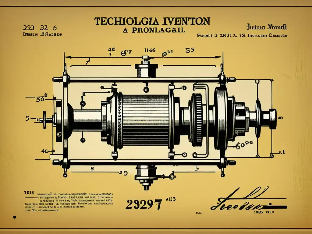 Detalle de dibujo de patente vintage de una invención tecnológica, en pergamino amarillento