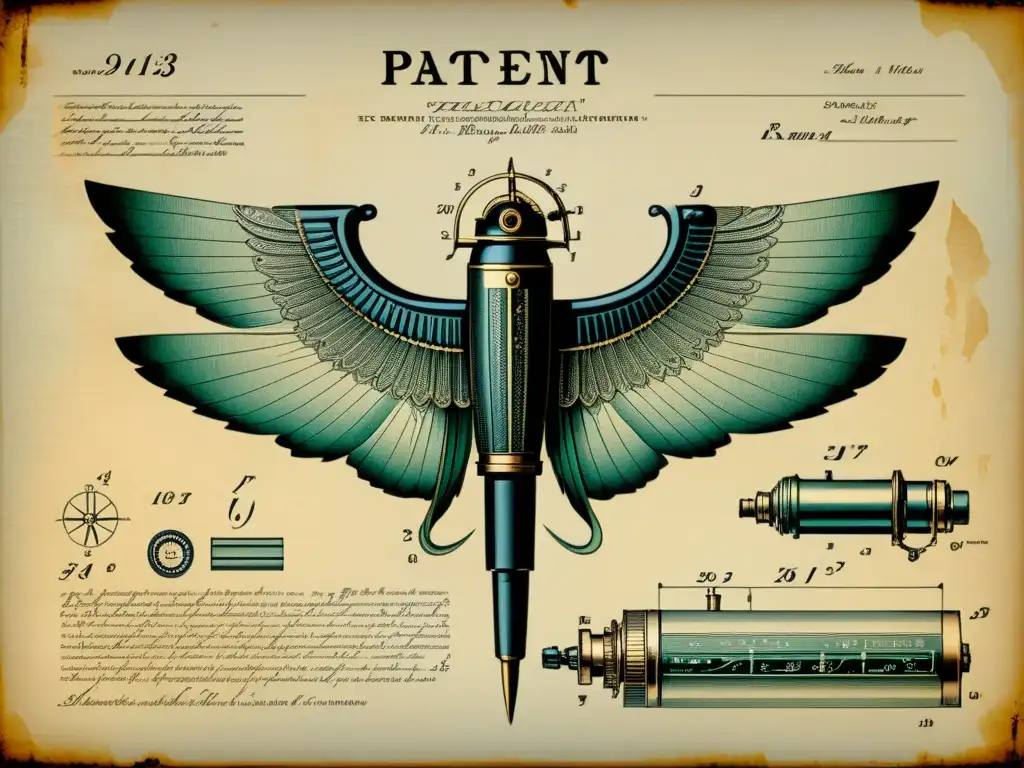 Detalle de documento de patente vintage con caligrafía ornamentada y dibujos técnicos, evocando la expertise y tradición