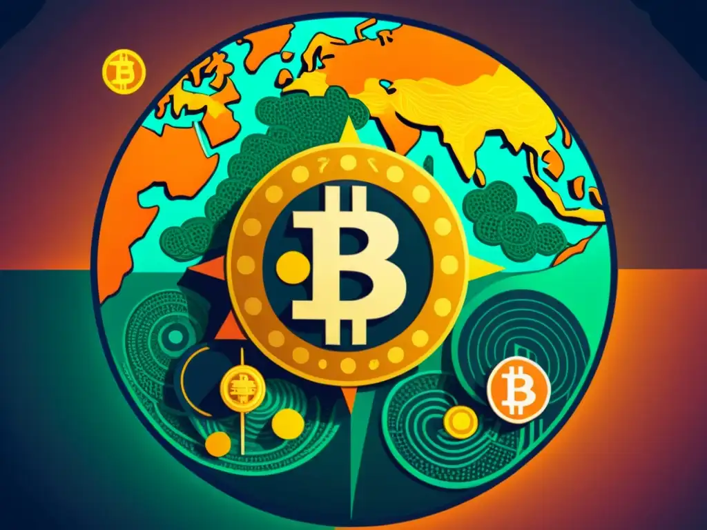 Detalle de ilustración vintage de la economía global impactada por criptomonedas, evocando nostalgia y relevancia moderna