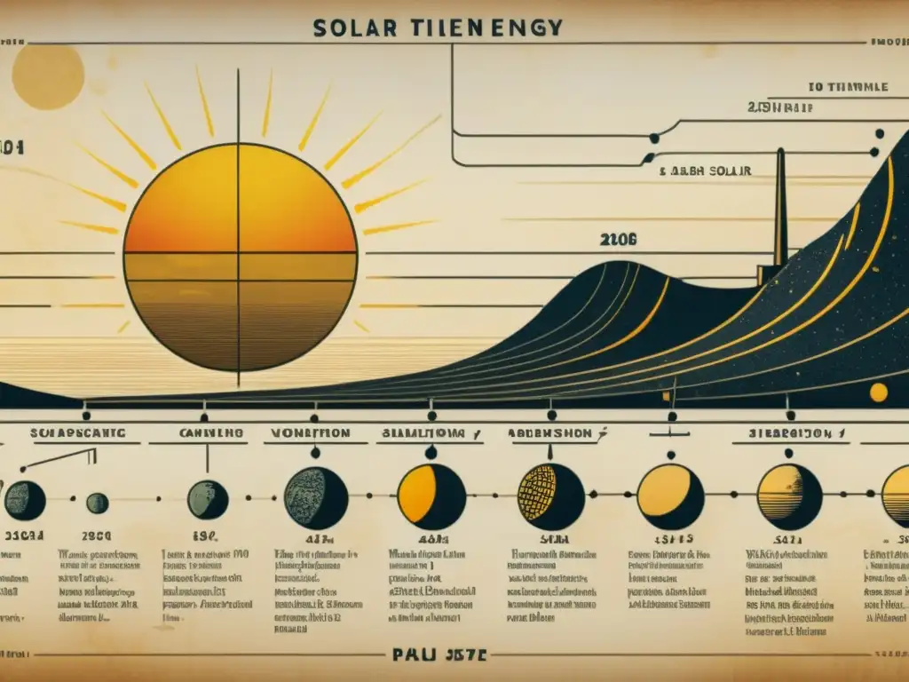 Detalle histórico de avances en captación solar a lo largo de la historia, desde antiguas civilizaciones hasta paneles solares modernos