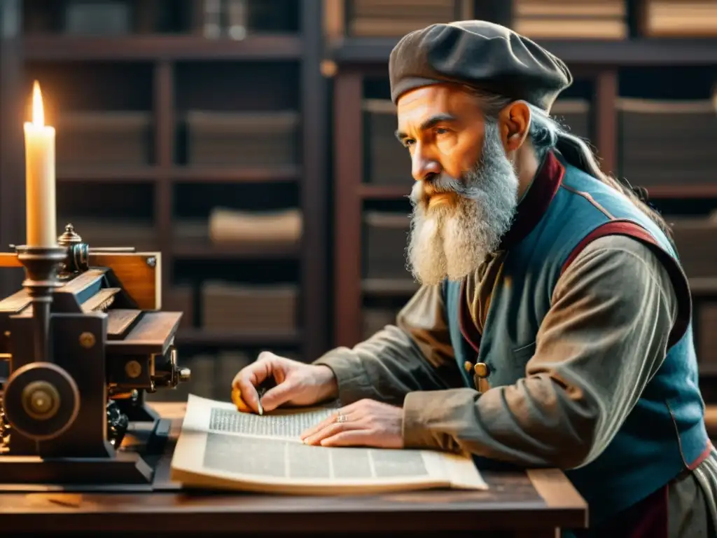 Detalle 8k de Johannes Gutenberg operando su imprenta, con atmósfera histórica cálida