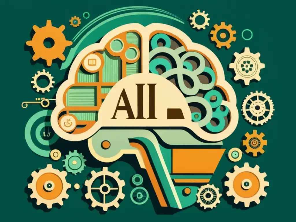 Detalle de ilustración vintage de un intrincado cerebro mecánico rodeado de documentos financieros y regulaciones, con engranajes que simbolizan los sistemas de IA en cumplimiento financiero