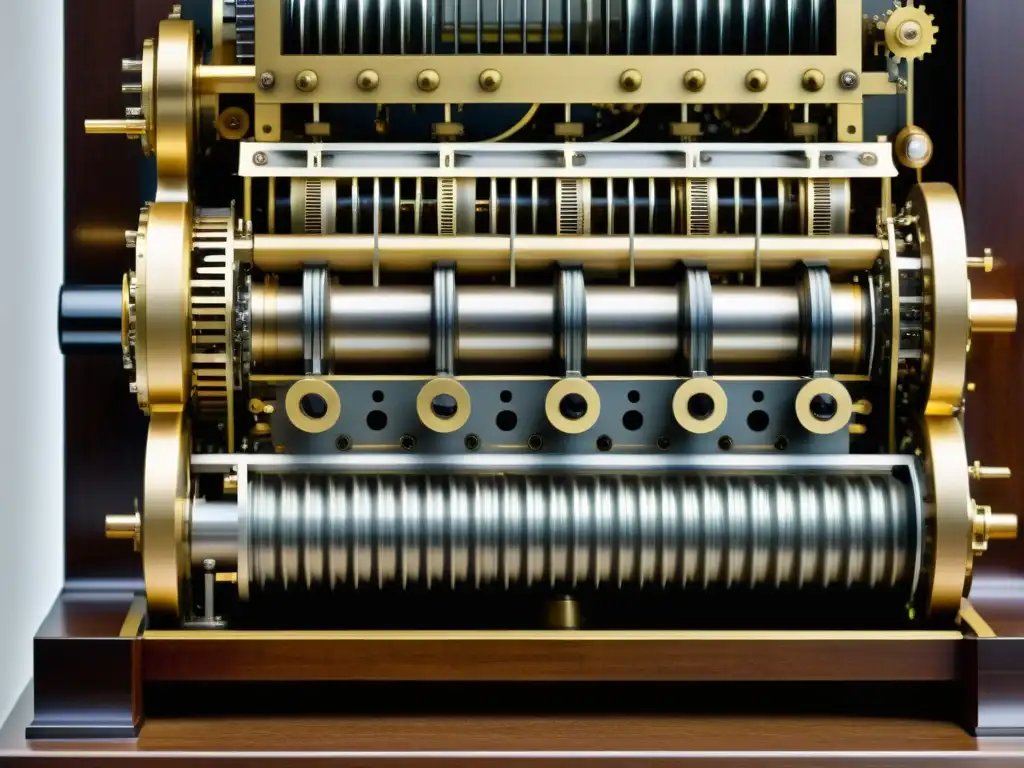 Detalle de los intrincados engranajes de la Máquina Analítica de Charles Babbage, resaltando la complejidad del primer prototipo de computadora