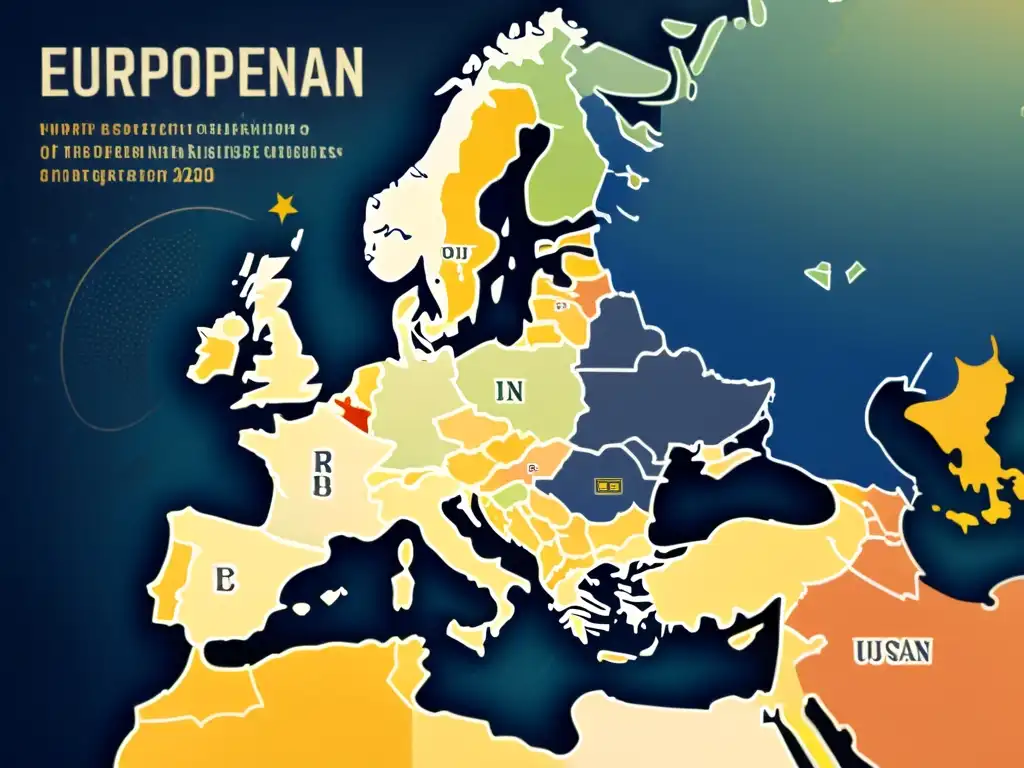 Detalle de mapa vintage con regulación criptomonedas países vanguardia en Europa, evocando sofisticación y complejidad histórica