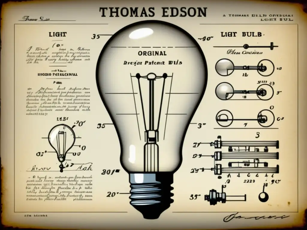 Detalle de la patente original de la bombilla de Thomas Edison, evocando la historia de inventos patentados, éxito y la innovación tecnológica