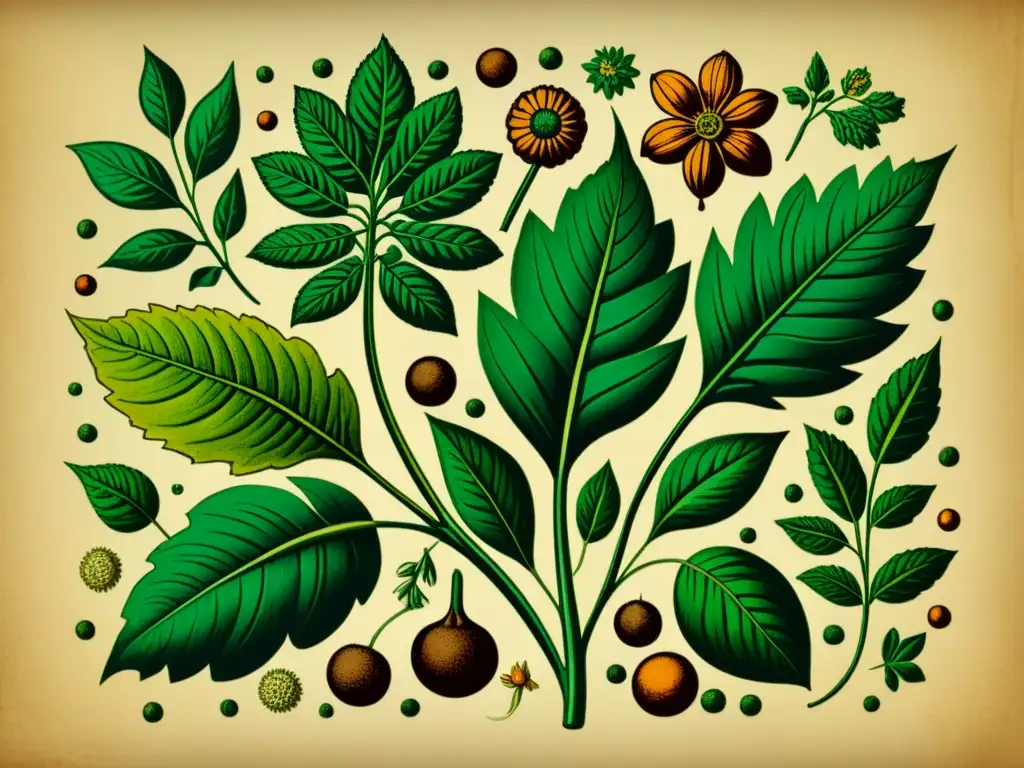 Detalle de ilustración botánica vintage de una planta medicinal en tonos terrosos, evocando historia y tradición en biotecnología