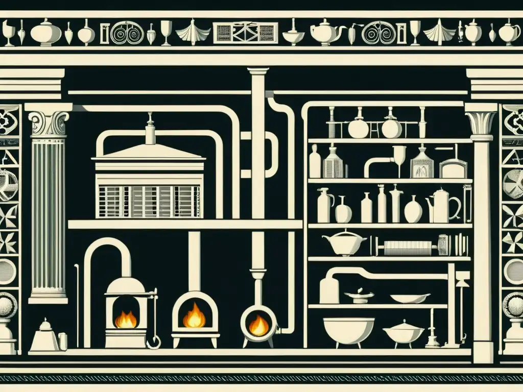 Detalle de ilustración histórica de sistemas de calefacción y refrigeración, desde hipocaustos romanos hasta bombas de calor eficiencia climatización