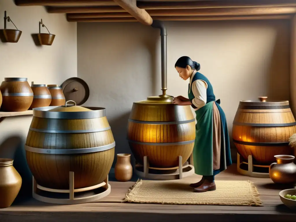 Detalle de la fermentación tradicional con vasijas antiguas, burbujeantes mezclas y artesanos