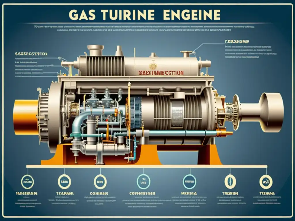 Detalle sepia de una turbina de gas en la aviación, con sus componentes y complejidad mecánica capturados en una ilustración vintage