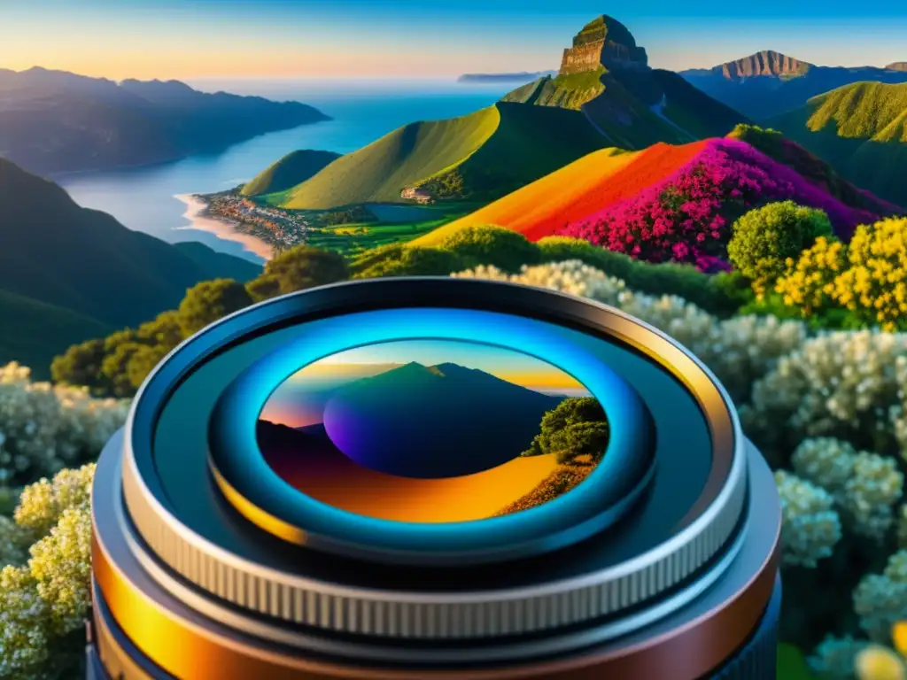 Detalle ultradetallado de un sensor de cámara capturando paisaje, demostrando la evolución de la tecnología fotográfica digital