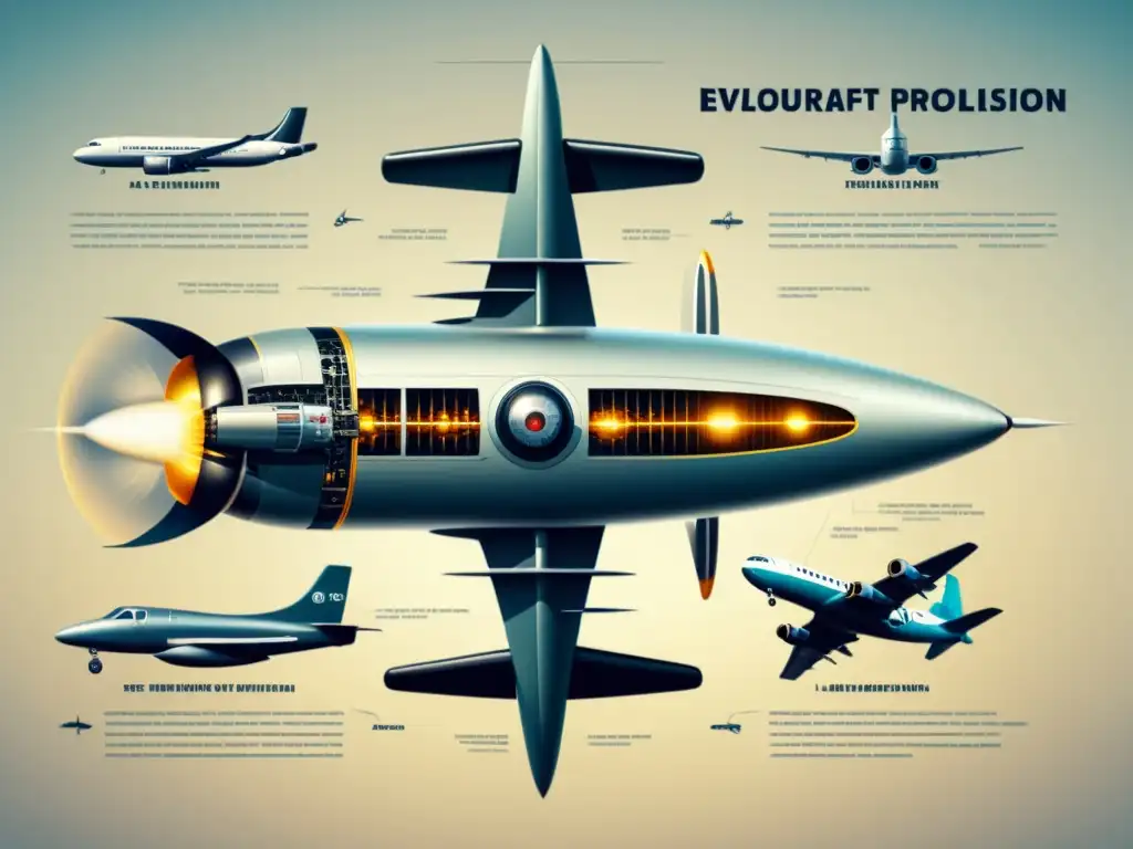 Detalle vintage de la evolución de la propulsión de aviones, desde hélices hasta propulsión eléctrica, con un estilo clásico y atemporal