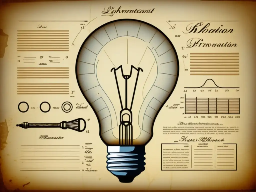 Detalle vintage de una bombilla con patente, rodeada de planos y notas manuscritas