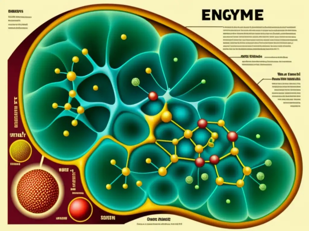 Detalle sepia de una ilustración vintage que muestra la importancia de las enzimas en medicina, con estructuras moleculares y equipamiento científico