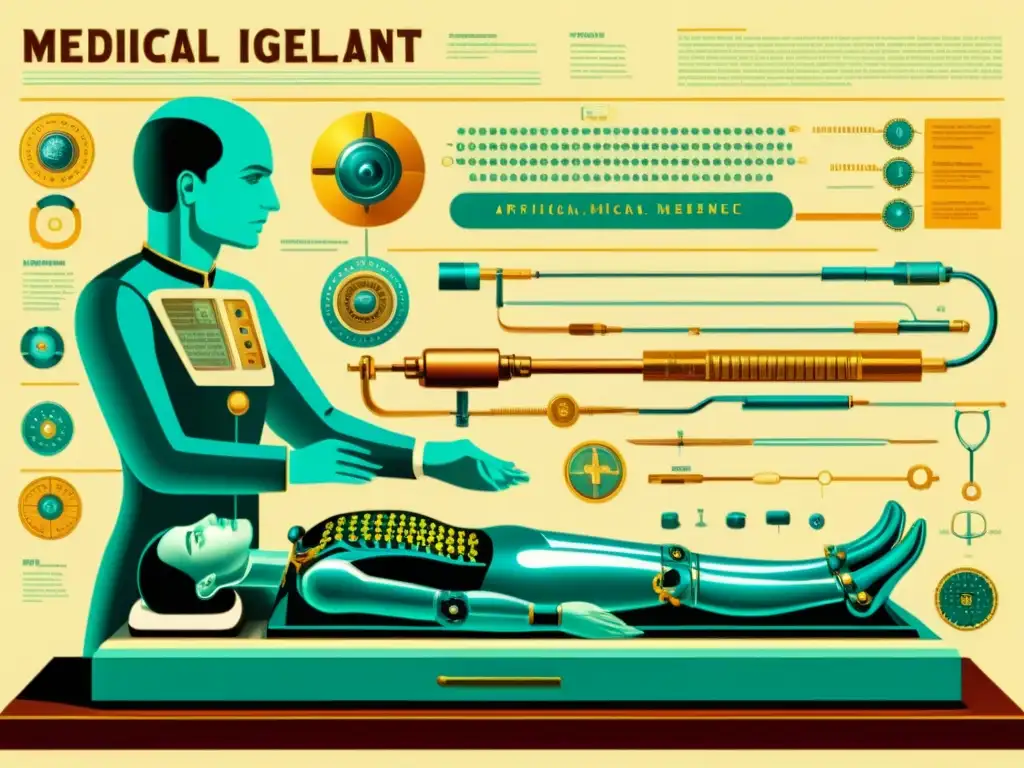 Detalle de ilustración médica vintage mostrando la evolución de la Inteligencia Artificial en medicina histórica