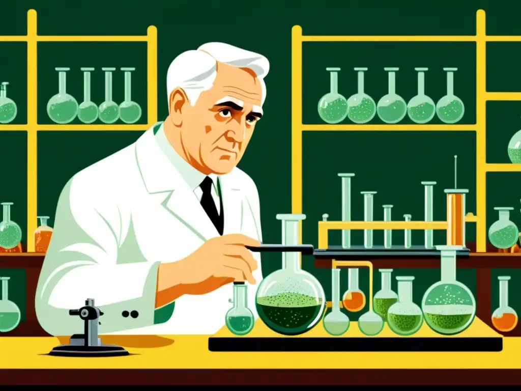 Detalle vintage de Alexander Fleming en su laboratorio, observando esporas de moho con importancia histórica descubrimiento penicilina