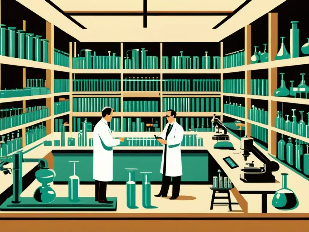 Detalle vintage de un laboratorio médico histórico con científicos trabajando en máquinas de inteligencia artificial temprana