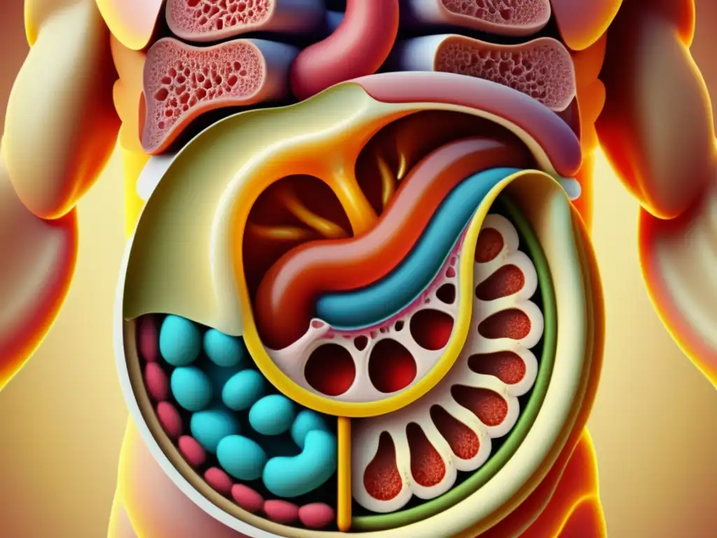Detalle vintage del sistema digestivo humano, resaltando beneficios probióticos y prebióticos para salud