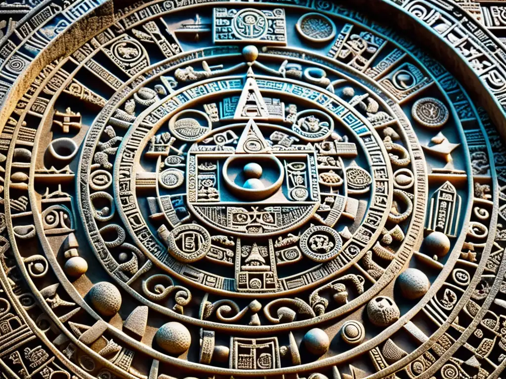 Detalles intrincados del calendario astronómico Maya, mostrando su precisión y arte