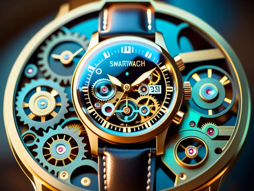 Reloj inteligente vintage con mecanismos expuestos Detalles intrincados de un smartwatch vintage, rodeado de herramientas de relojería antigua y una cálida luz ambiental, destacando la integración de smartwatches con dispositivos inteligentes