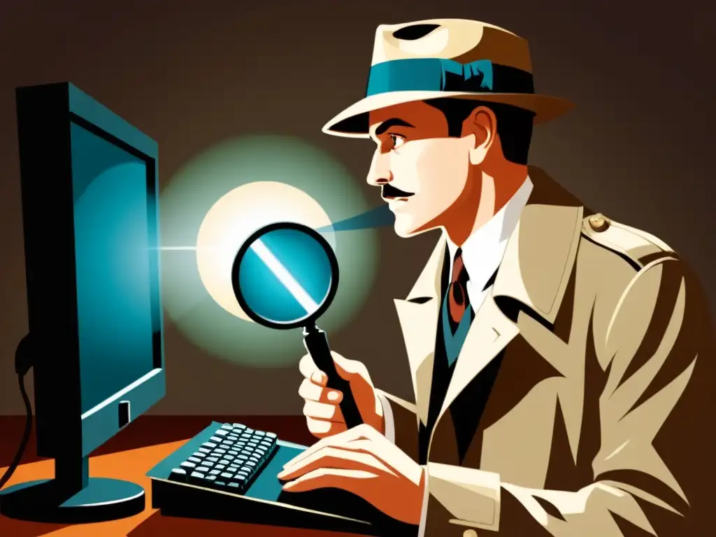 Un detective de la década de 1920 examina una pantalla de computadora en busca de spyware con una linterna dramática