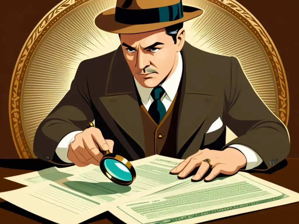 Un detective vintage examina documentos financieros con lupa, revelando patrones y anomalías en tonos cálidos