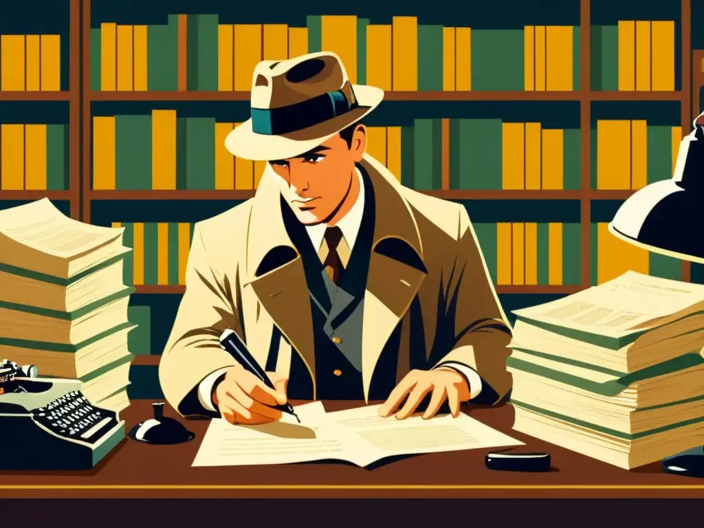 Un detective vintage examina documentos financieros en una oficina tenue