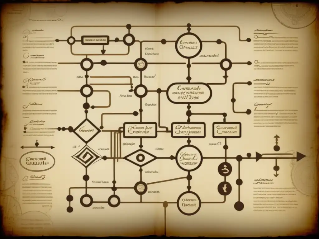 Un diagrama algorítmico complejo en tonos sepia sobre pergamino, con símbolos detallados y anotaciones elegantes